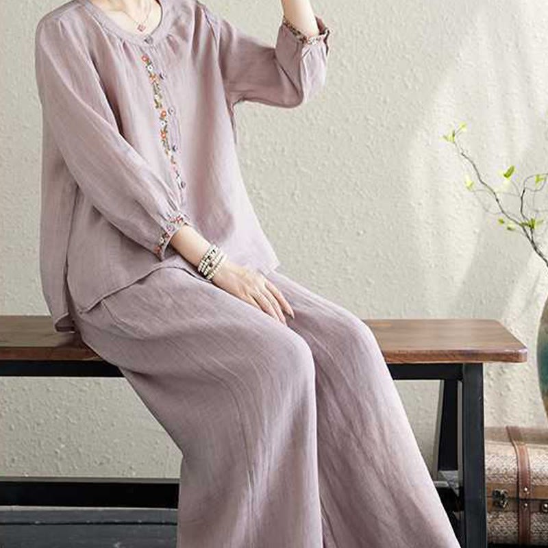 2Pcs Cotton Embroidery Flowers Shirt Top Pants Meditation Zen Tai Chi Clothing Women's Set