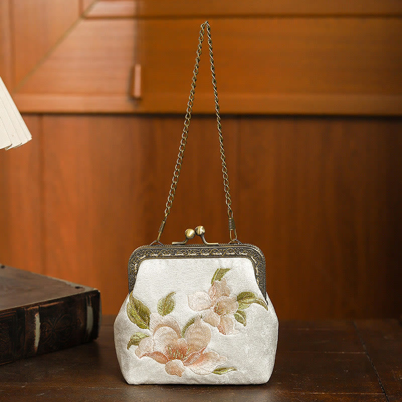 Orchids Oriental Cherry Butterfly Embroidery Metal Handle Handbag