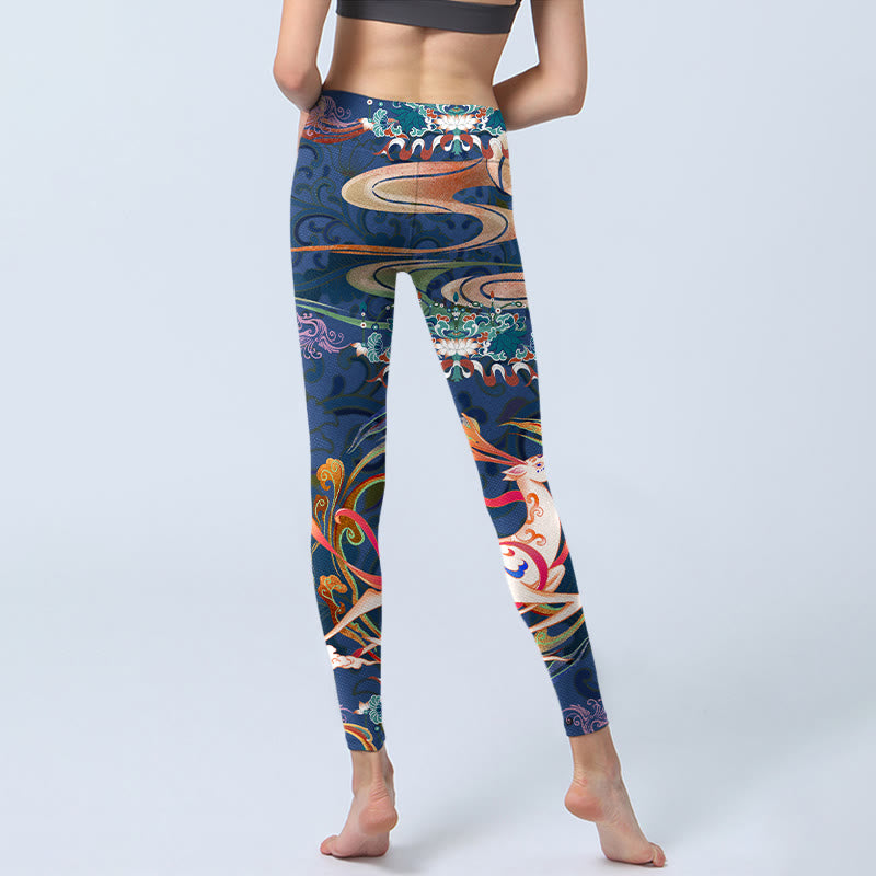Deer Auspicious Clouds Lotus Gym Leggings Women's Yoga Pants