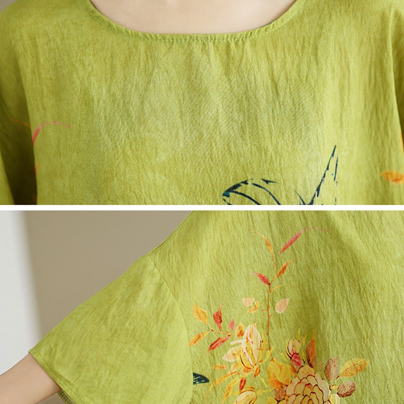 Yellow Green Flowers Three Quarter Sleeve Linen T-shirt Tee