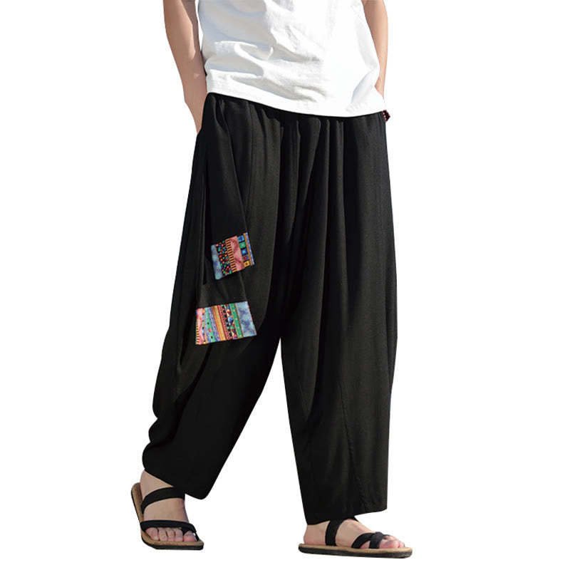 Simple Patchwork Design Drawstring Cotton Men's Wide Leg Pants With Pockets