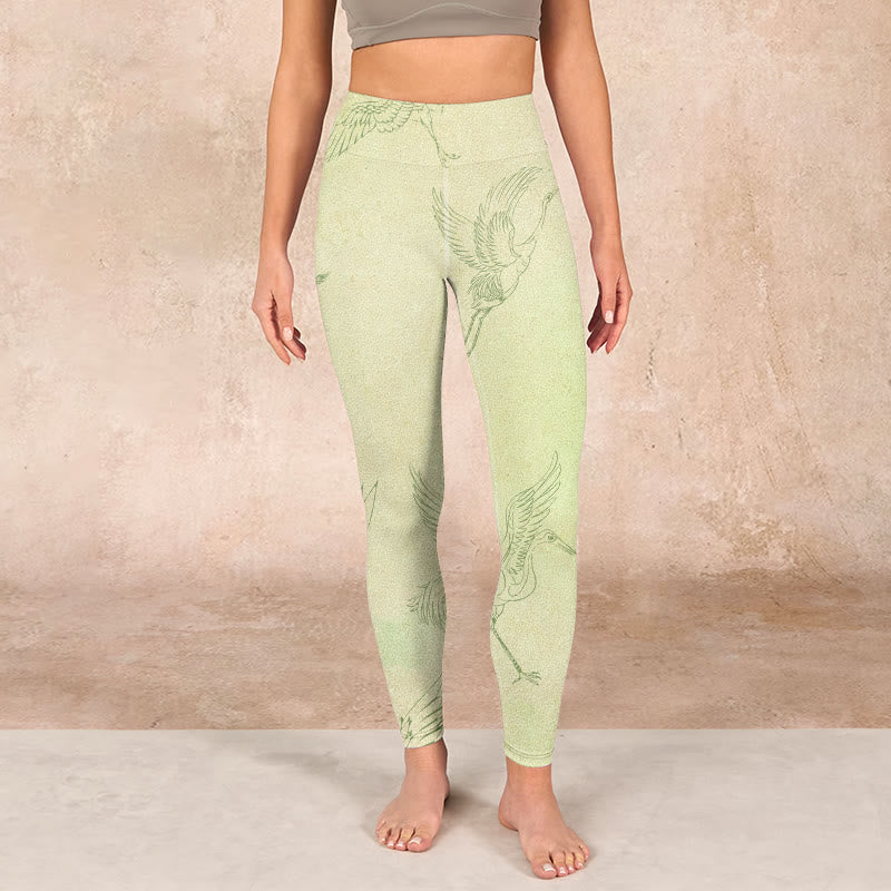 Light Yellow Crane Print Sports Leggings Women's Yoga Pants