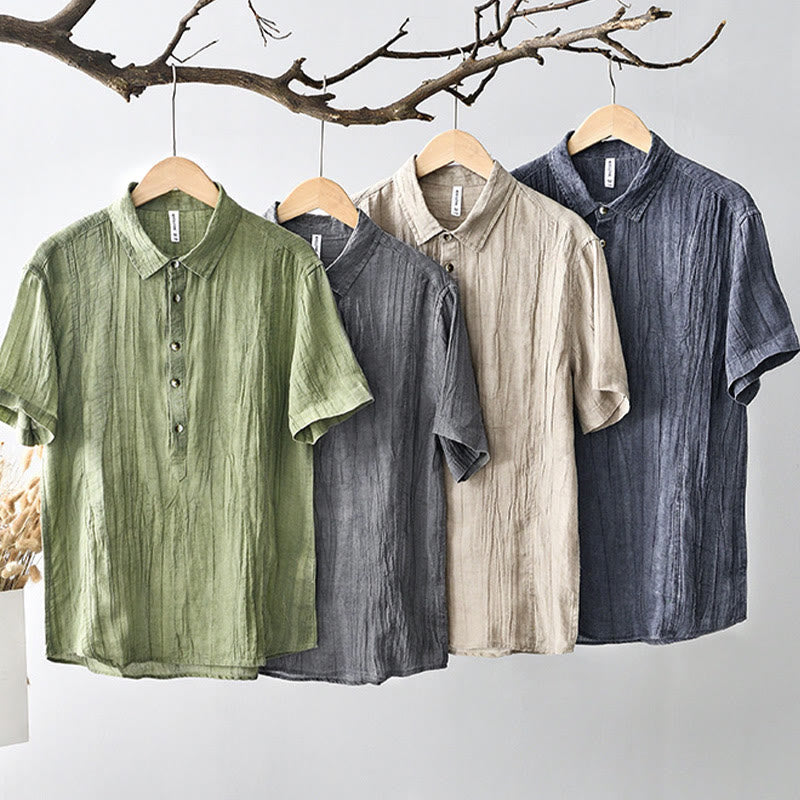Causal Plain Lapel Ramie Linen Half Button Men's Shirt
