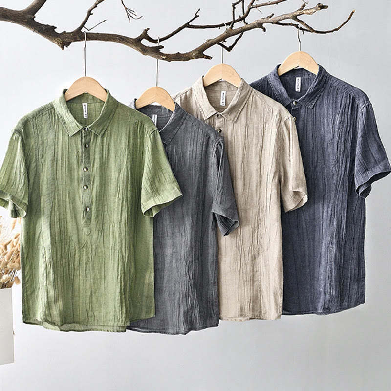 Causal Plain Lapel Ramie Linen Half Button Men's Shirt