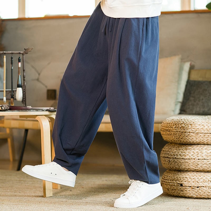 Solid Color Cotton Linen Drawstring Men's Harem Pants With Pockets