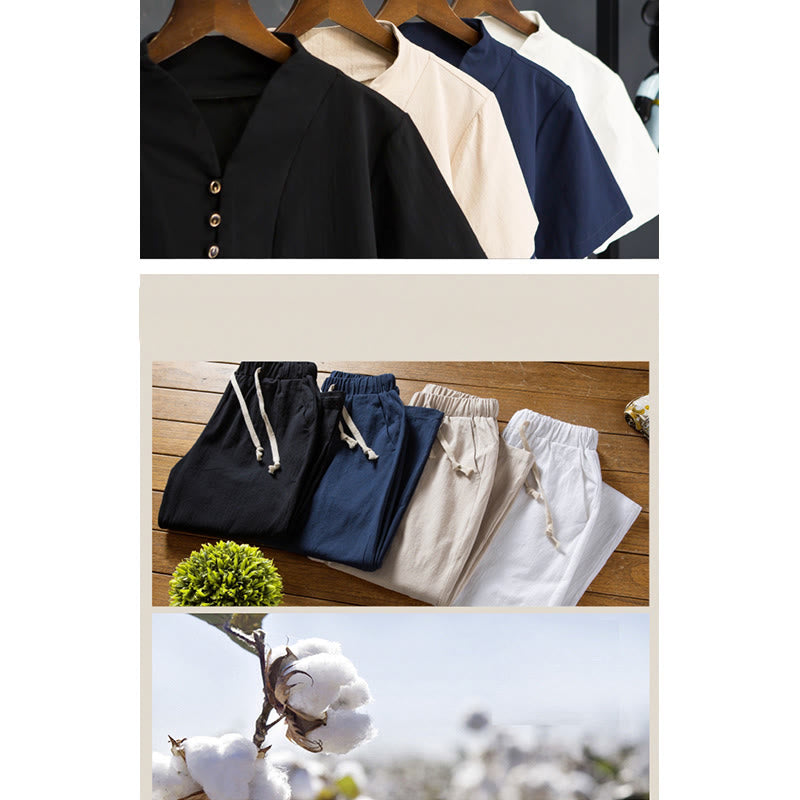 2Pcs Solid Color Cotton Button Short Sleeve T-shirt Pants Men's Set