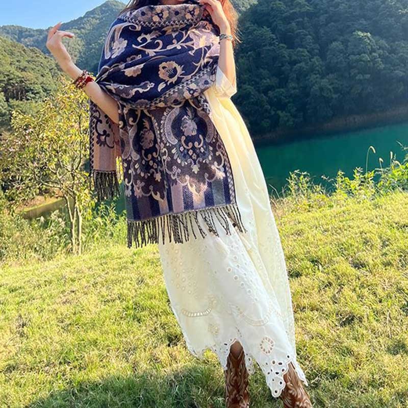 Tibetan Flowers Leaves Branch Design Tassel Shawl Cozy Travel Scarf Wrap