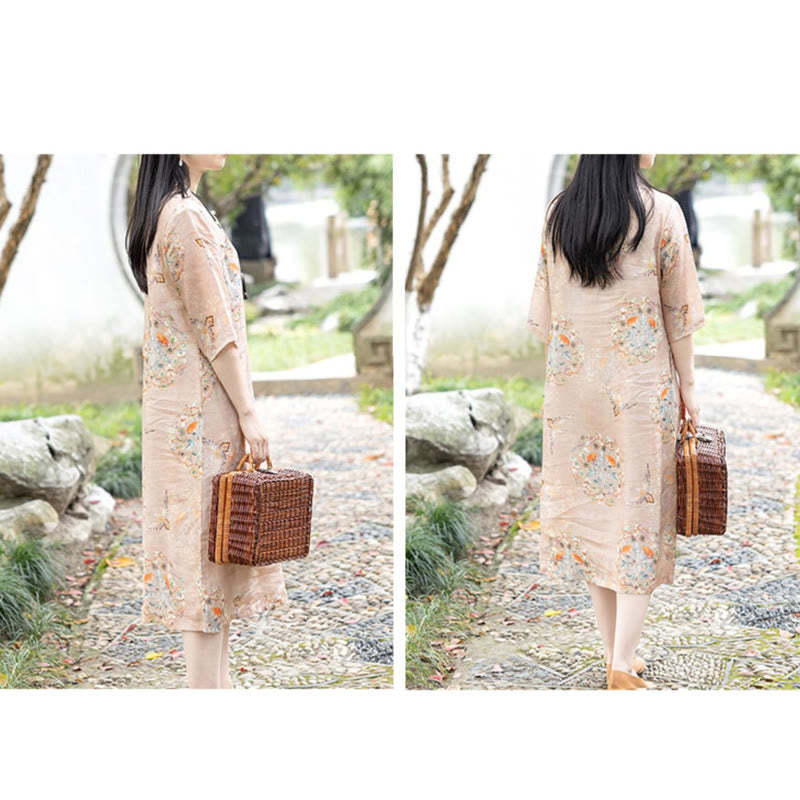 Orange Flower Bird Print Cheongsam Midi Dress Cotton Linen Half Sleeve Dress With Pockets