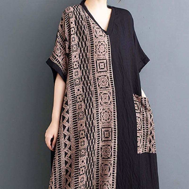 Casual Loose Printing Dyeing Cotton Linen V-neck Half Sleeve Design Midi Dress With Pockets