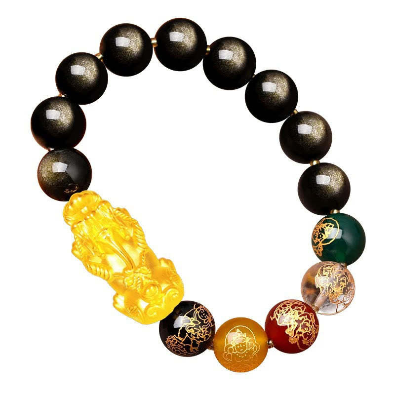 Natural Gold Sheen Obsidian PiXiu Five Directions Gods of Wealth Protection Bracelet