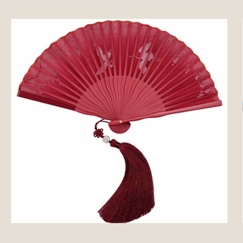 Crane Plum Blossom Handheld Silk Bamboo Folding Fan