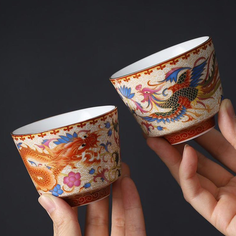 2Pcs Dragon Phoenix Ceramic Teacup Kung Fu Tea Cups
