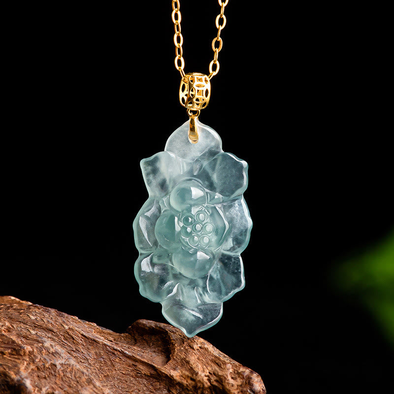 18K Gold Natural Jade Lotus Pattern Prosperity Necklace Pendant