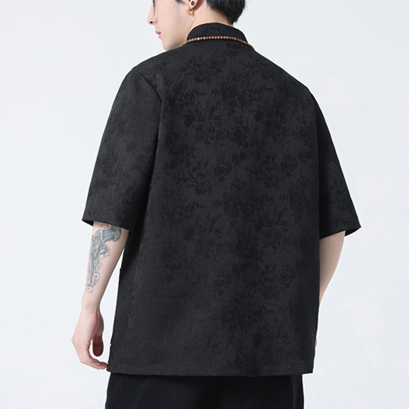 Solid Color Jacquard Frog-button Chinese Half Sleeve Shirt Men T-shirt
