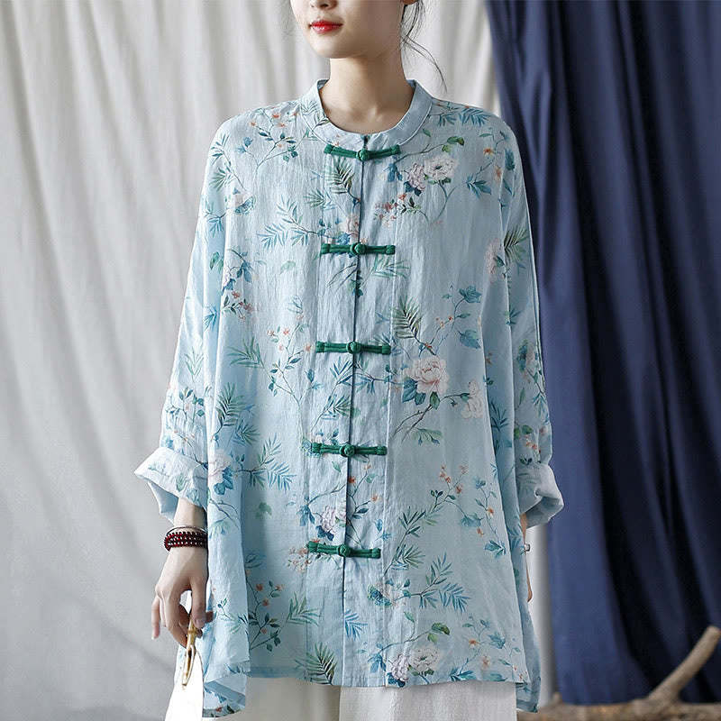 Light Green Pink Flowers Green Leaves Frog-Button Long Sleeve Ramie Linen Jacket Shirt