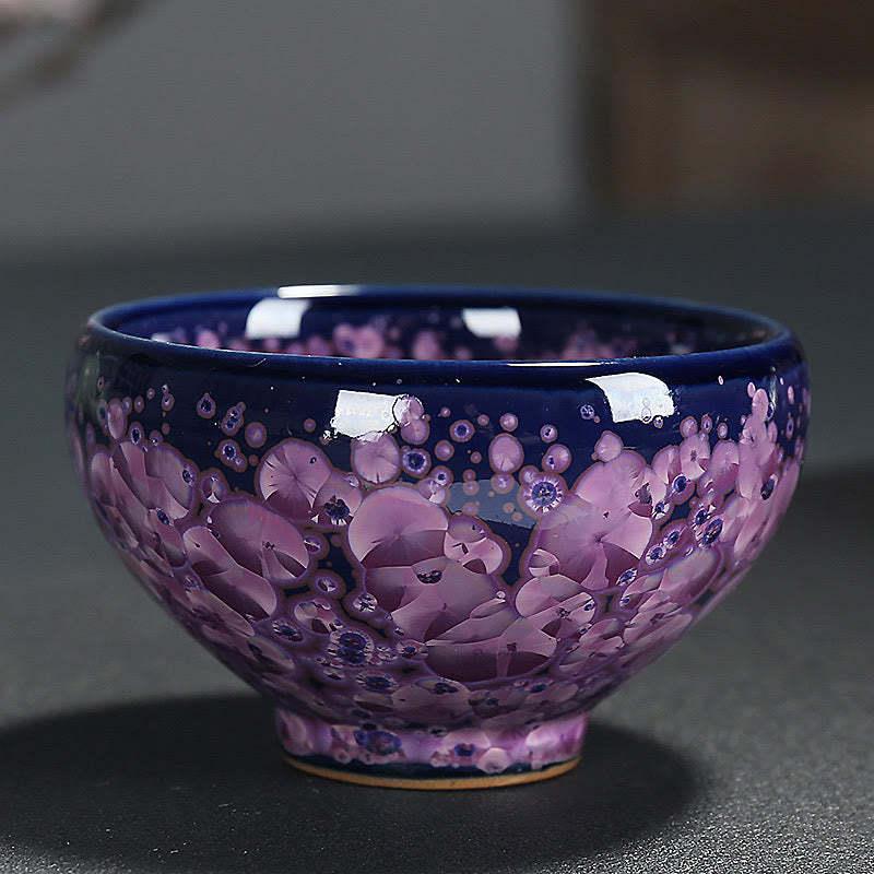 Colorful Iris Flowers Chinese Jianzhan Kiln Change Porcelain Teacup Tenmoku Kung Fu Tea Cup