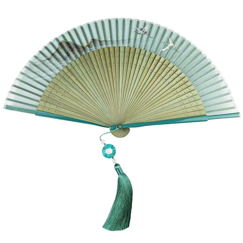 Retro Mountain River Crane Silk Handheld Bamboo Folding Fan
