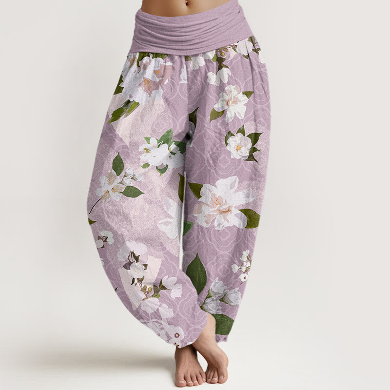 Casual White Magnolia Flowers Leaves Women's Elastic Waist Harem Pants