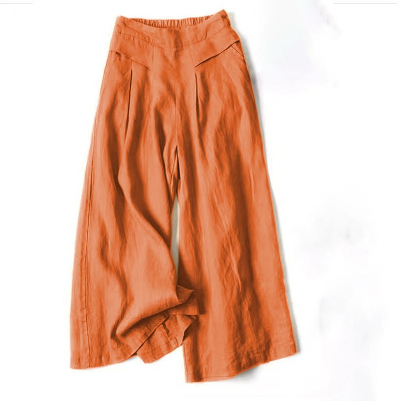 Plain Color Cotton Linen High Waist Wide Leg Pants With Pockets