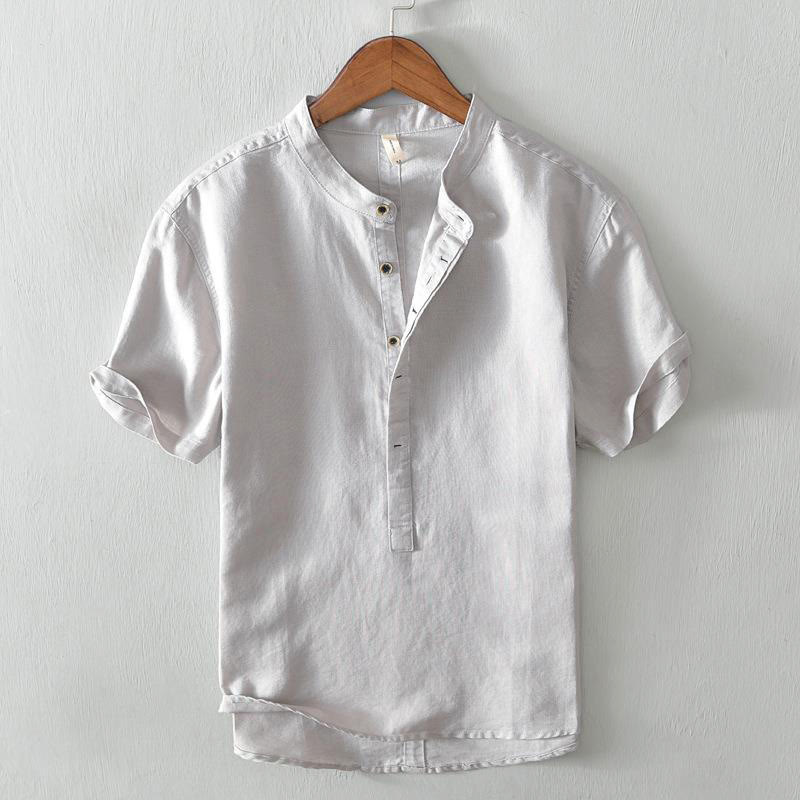 Causal Simple Design Short Sleeve Cotton Linen Half Button Men's Shirt