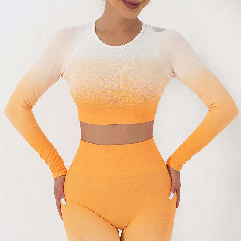 Gradient Long Sleeve Crop Top Tee Bra Leggings Pants Fitness Yoga Outfit