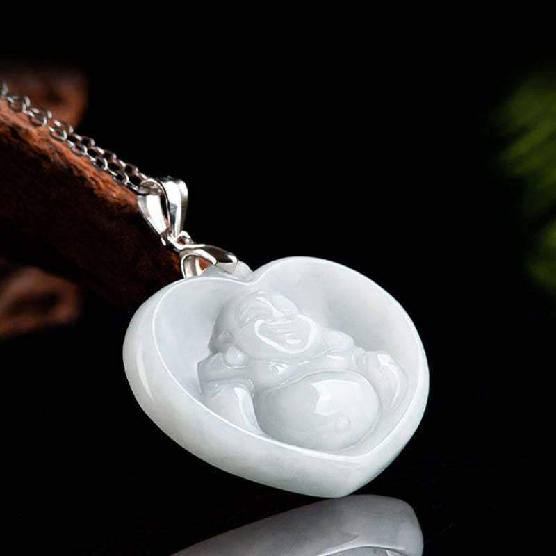 925 Sterling Silver Laughing mystic zen White Jade Luck Blessing Necklace Pendant