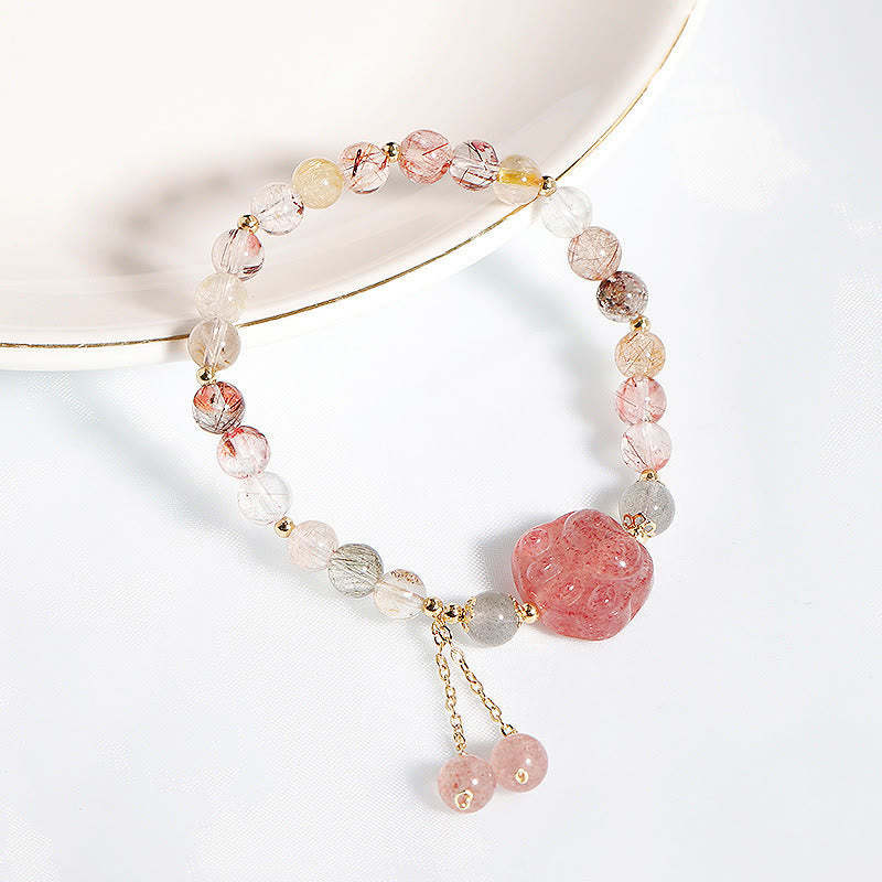 Natural Strawberry Quartz Cat Paw Claw Colorful Rutilated Quartz Moonstone Love Bracelet