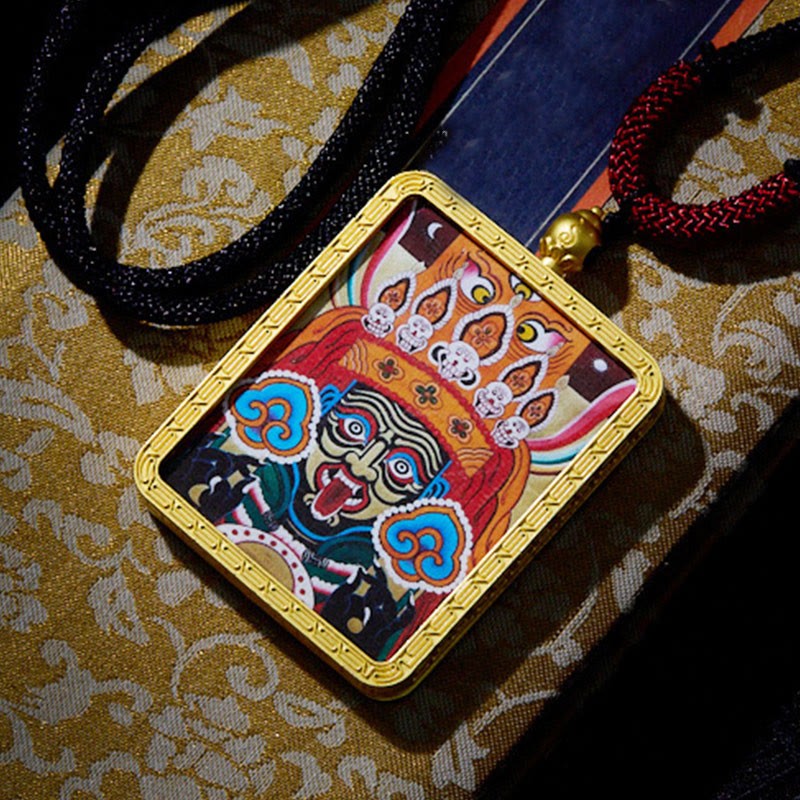 Tibetan Zakiram Nine-Tailed Fox Yellow God of Wealth Painted Thangka Hope Necklace Pendant