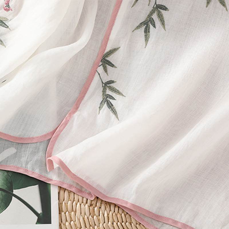 Casual Embroidered Flower Stand Collar Design Three Quarter Sleeve Women's Cotton Linen Shirt
