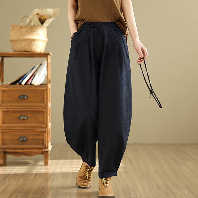 Casual Solid Color Tapered Elastic Waistband Cotton Linen Women's Pants With Pockets