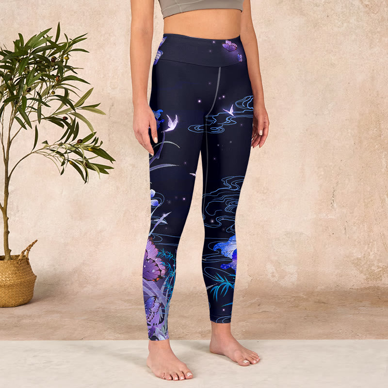 Midnight Blue Flower Purple Butterfly Exercise Leggings Women's Yoga Pants