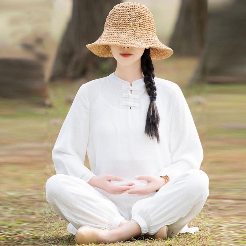 2Pcs Plain Design Top Pants Meditation Yoga Zen Tai Chi Cotton Linen Clothing Women's Set