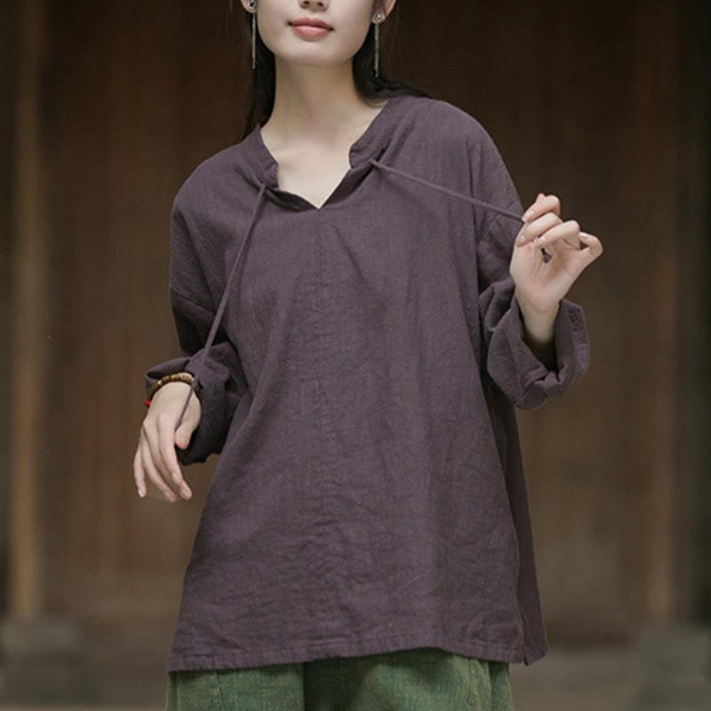 Retro Solid Color Long Sleeve Ramie Linen Women's Shirt