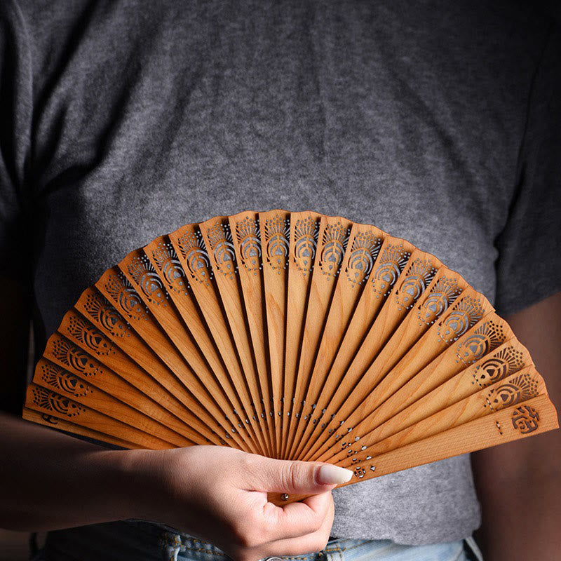 Auspicious Clouds Fu Engraving Pattern Handheld Thuja Sutchuenensis Wood Folding Fan