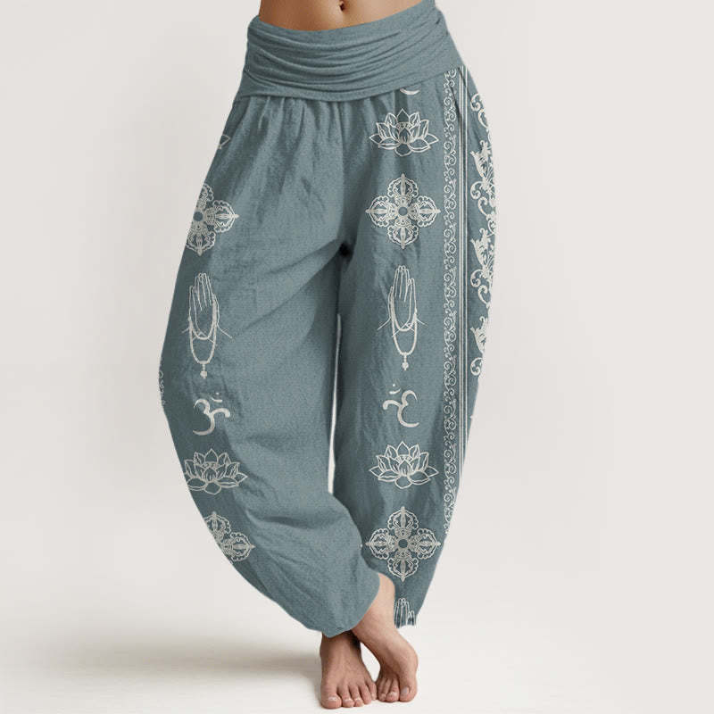 Lotus Flowers Double Dorje Vajra Namaste Om Design Women's Elastic Waist Harem Pants