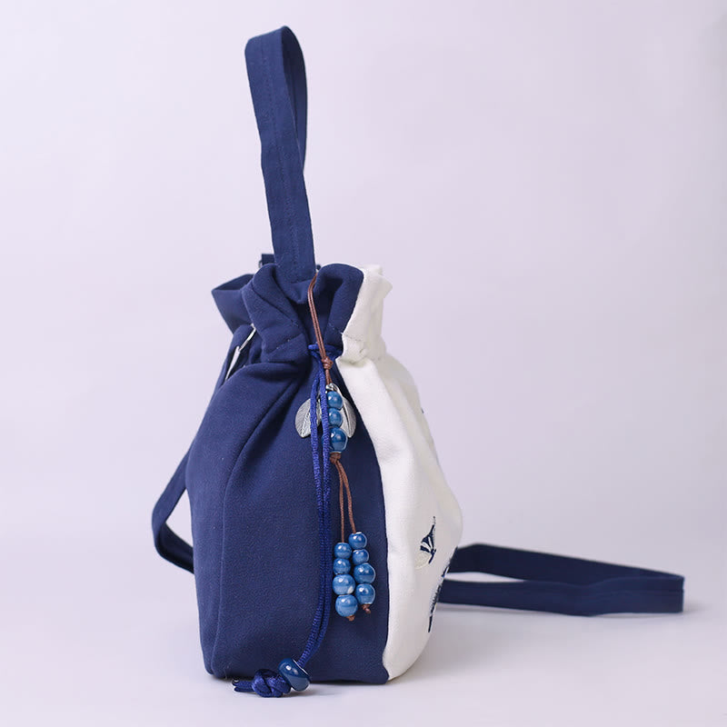 Embroidered Butterfly Lotus Magnolia Cotton Linen Tote Crossbody Bag Shoulder Bag Handbag