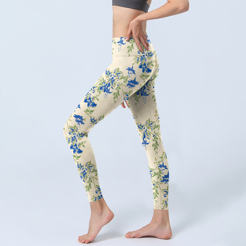 Casual Dark Blue Flower Leaves Print Gym Fitness Leggings Women's Yoga Pants