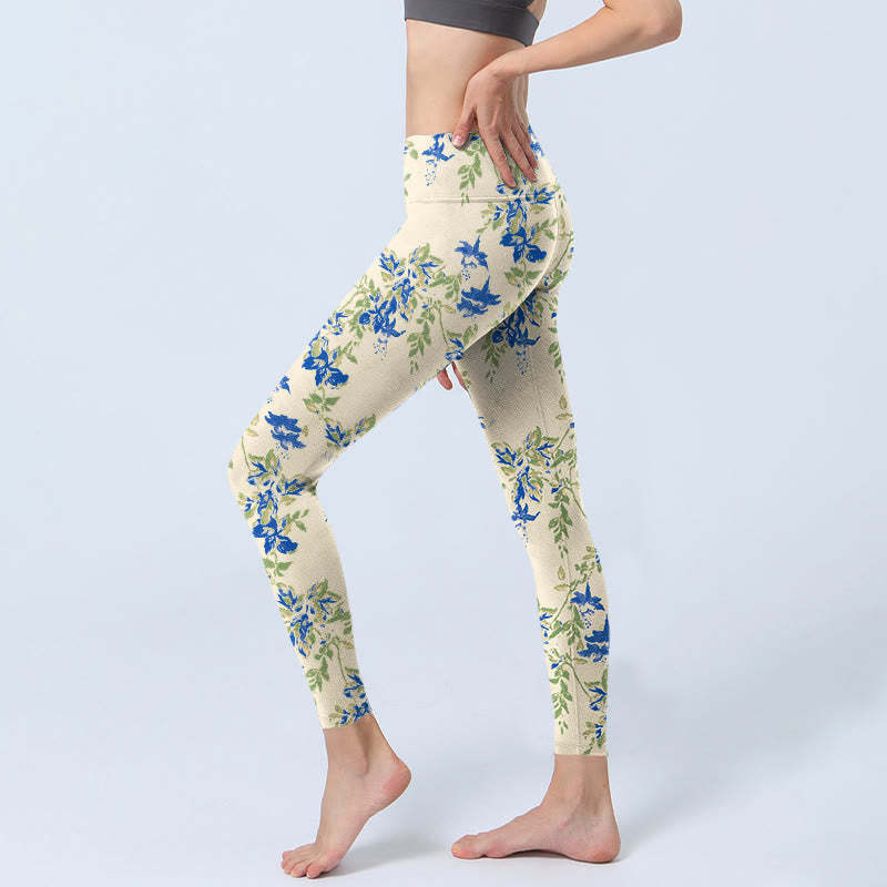 Casual Dark Blue Flower Leaves Print Gym Fitness Leggings Women's Yoga Pants