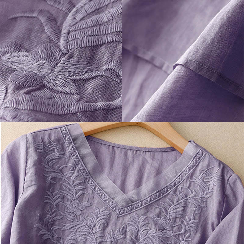 Vintage Casual Pure Leaf Embroidery V-Neck Half Sleeve Cotton Linen Women's T-Shirt
