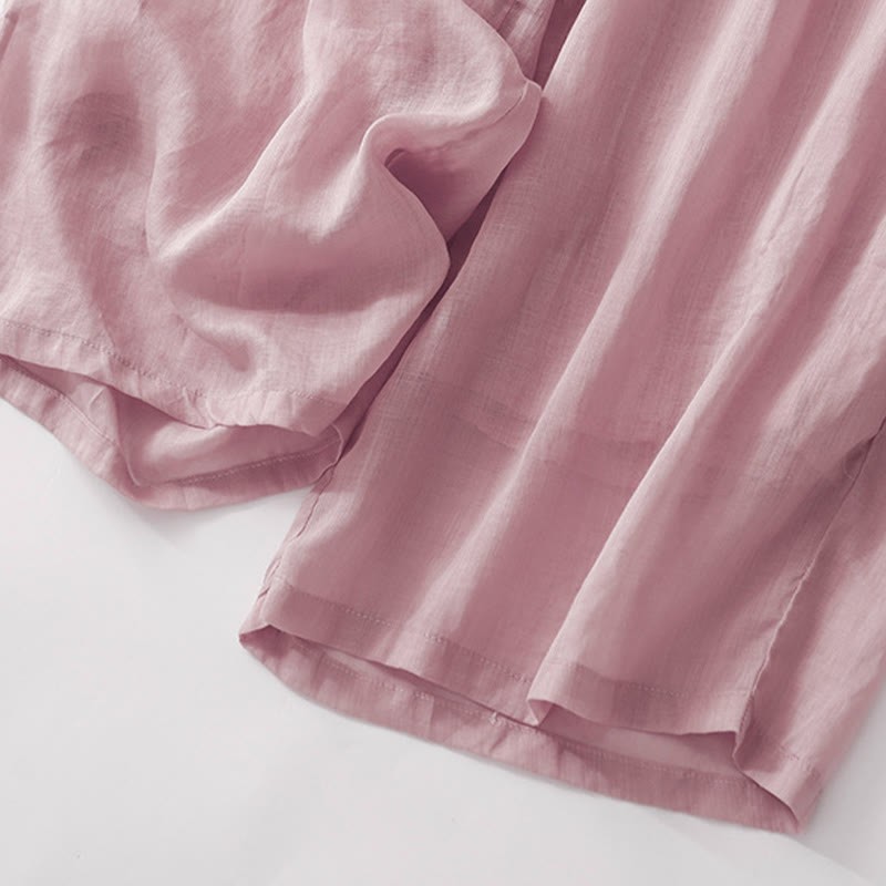 Summer Embroidery Double Layer Cotton Linen Women's Wide Leg Pants With Pockets