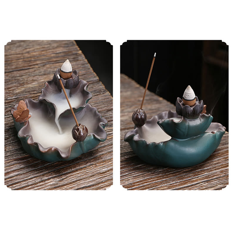 Lotus Flower Leaf Frog Butterfly Pattern Healing Ceramic Incense Burner Decoration