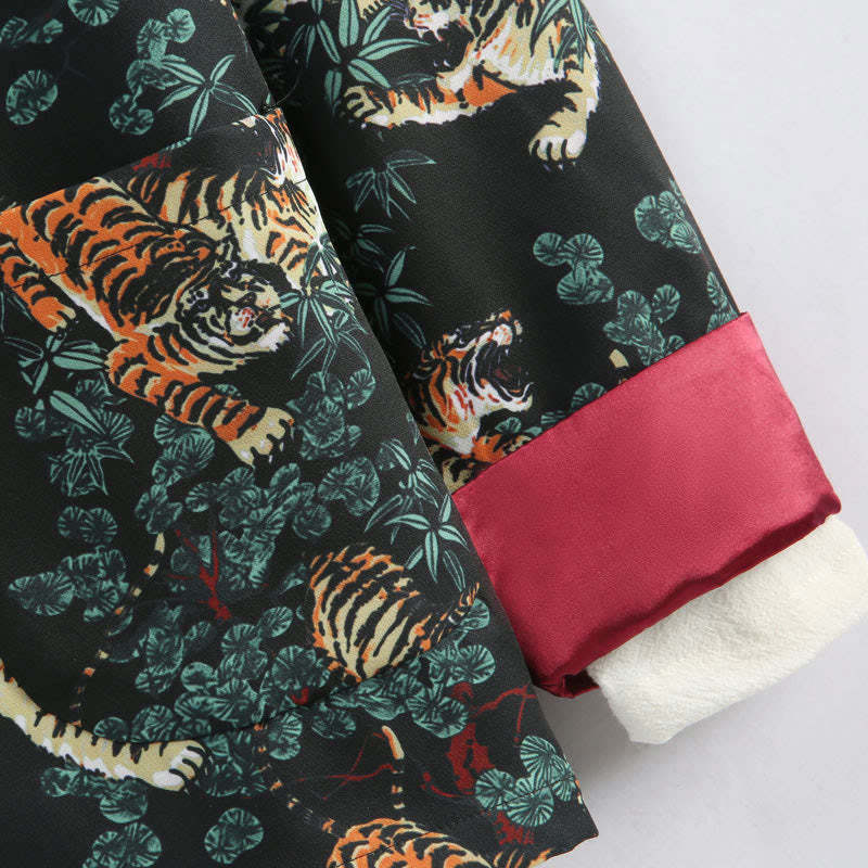 Chinese New Year Forest Tiger Red Cuff Frog-button Tang Suit Men's Jacket Shirt With Pockets
