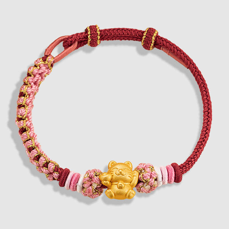 Handmade 999 Sterling Silver Fortune Cat Ingot Peach Blossom Luck?Red Rope Bracelet