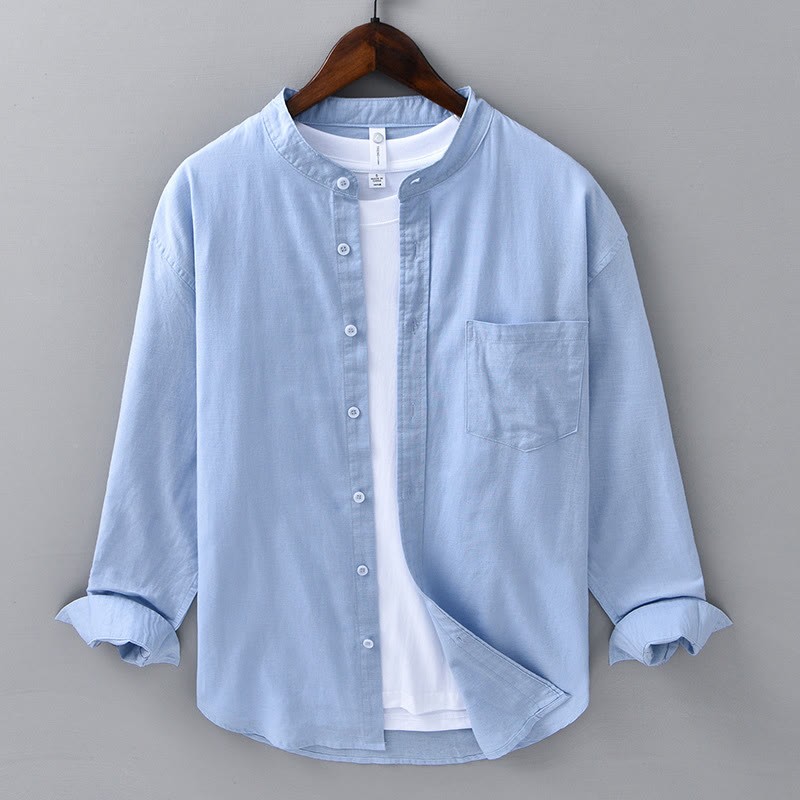 Men's Long Sleeve Stand Collar With Pocket Pure Color Casual Cotton Linen Shirt