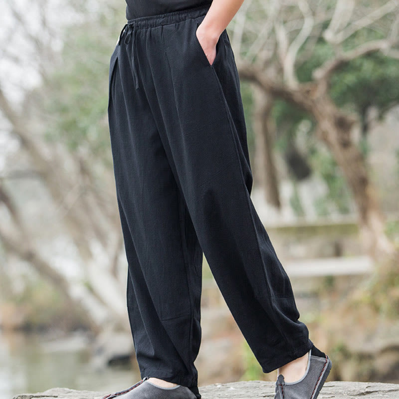 Plain Casual Linen Bloomer Men's Pants With Pockets