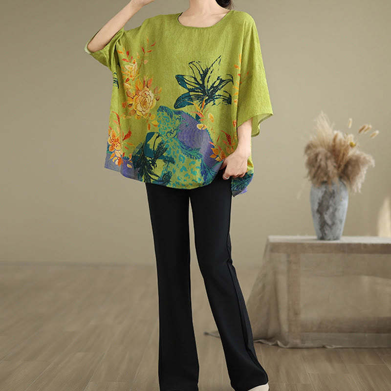 Yellow Green Flowers Three Quarter Sleeve Linen T-shirt Tee