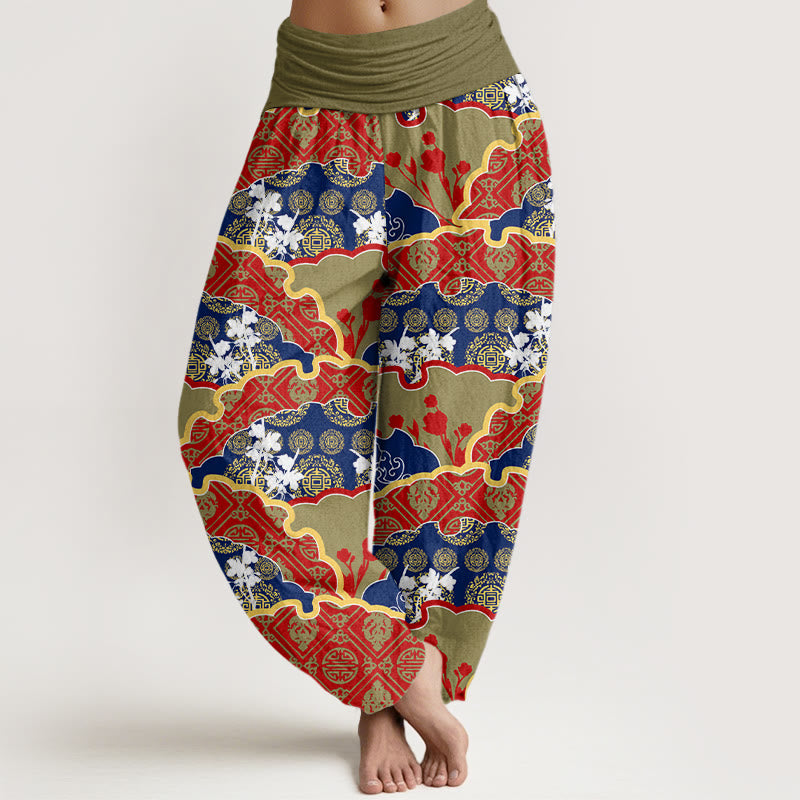Chinese Fan-shaped Diamond Pattern Design Women's Elastic Waist Harem Pants
