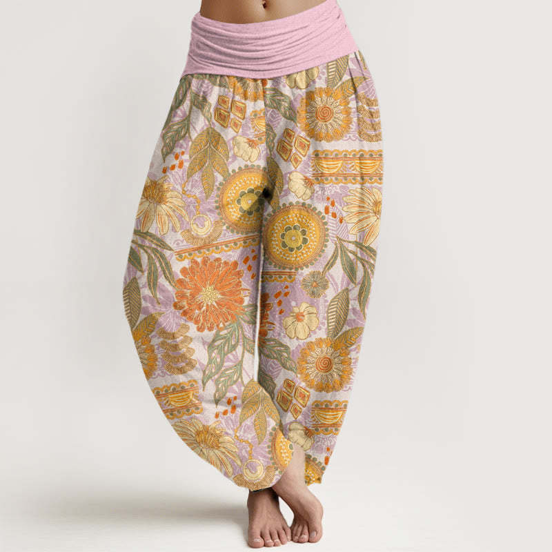 Sunflowers Round Floral Design Women's Elastic Waist Harem Pants