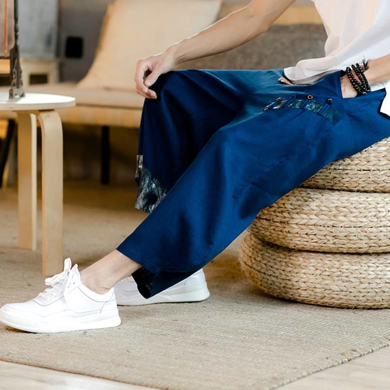Patchwork Design Drawstring Cotton Men's Cropped Pants With Pockets