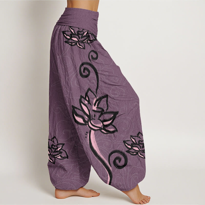 Casual Lotus Auspicious Clouds Design Women's Elastic Waist Harem Pants